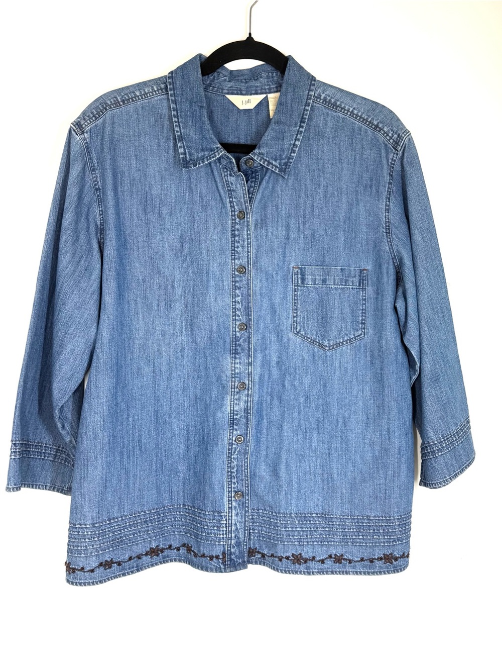 J. Jill Blue Denim Jean Button Down Shirt Top with Embroidered Beaded Hem Large